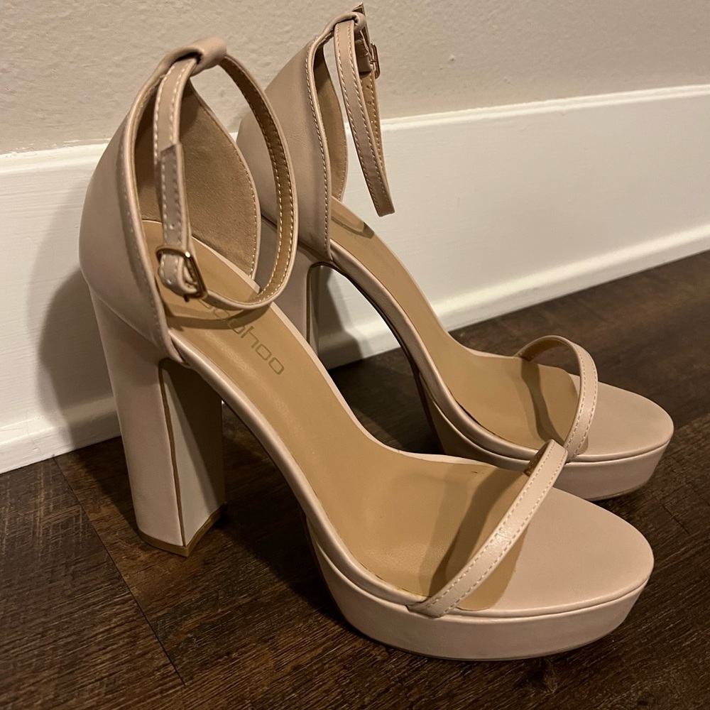 Nude Platform Heels with Thin Ankle and Toe Straps, Gold Buckle